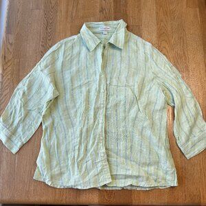 Coldwater Creek Striped Linen Top Light Green Size Large